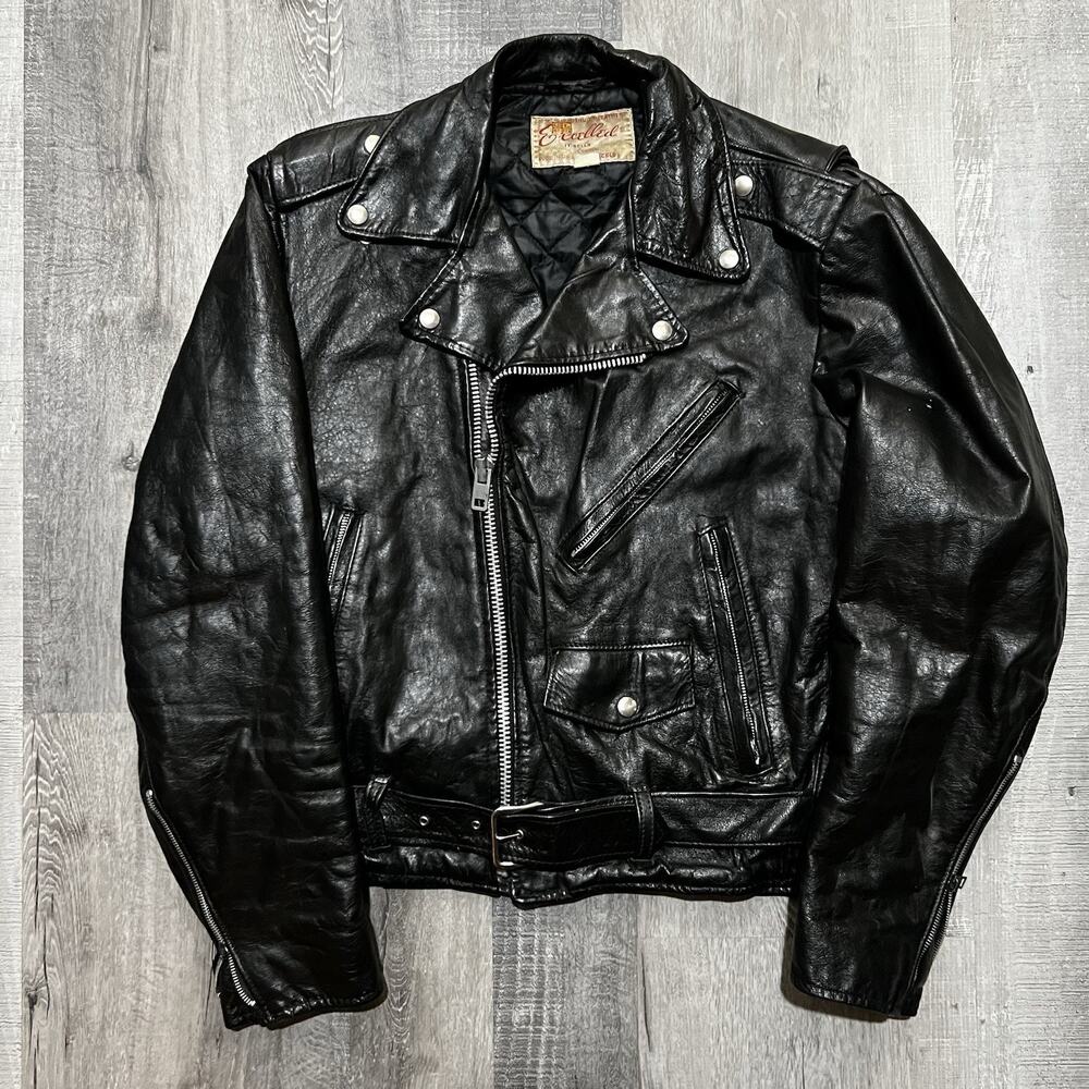 Excelled 70s Motorcycle Leather Jacket Black Belted Double Rider True VTG Biker